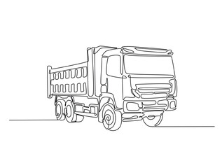 Continuous one line drawing of dump truck industrial transportation. Big dump truck single line art vector illustration. Editable vector.
