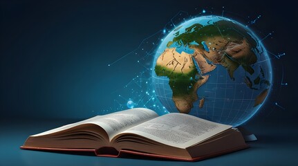 Transform learning with our futuristic global education concept featuring an open book and world map. generative.ai