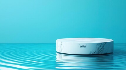 White marble podium set in a pool of water, reflections and soft ambient light, serene luxury
