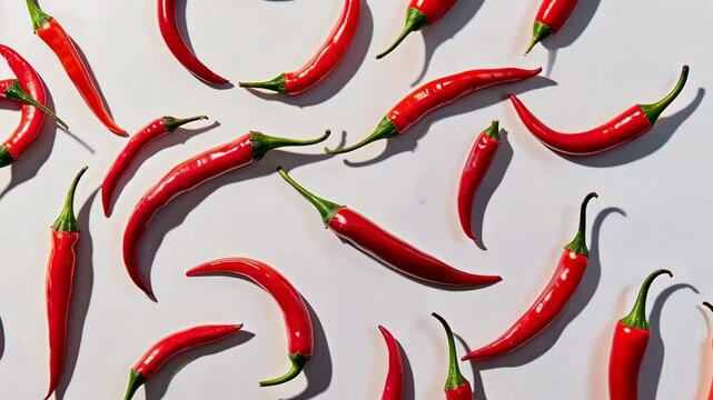 Top view of many red hot chili peppers on a white background.