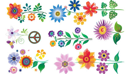 A collection of cartoon-style flowers with peace signs Isolated on a transparent background