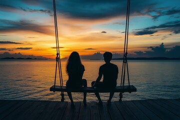 Fototapeta premium Romantic scene of a couple silhouetted against a vivid sunset, symbolizing love and serenity by the sea.