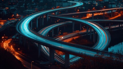 A Nighttime View of a Multi-Level Highway Overpass with Light Trails from Cars