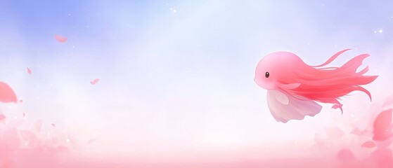 Obraz premium Cute Pink Fantasy Creature Flying in a Dreamy Sky with Falling Petals