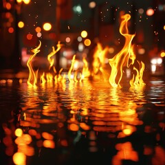 A stunning abstract image of flames and their reflections on water, evoking a sense of dynamic energy and beauty.