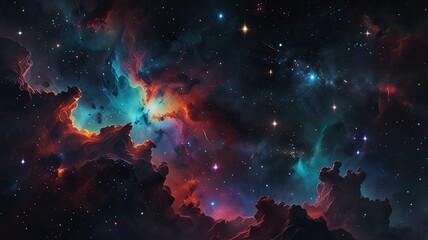 Obraz premium A vibrant nebula with swirling colors of red, blue, and green fills the cosmic canvas, illuminating the surrounding darkness with countless stars twinkling in the distance.