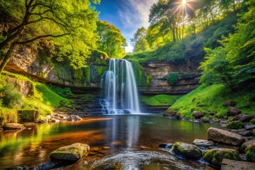 Majestic Waterfall at Falling Foss in Yorkshire Dales - Serene Nature Scene for Stock Photography