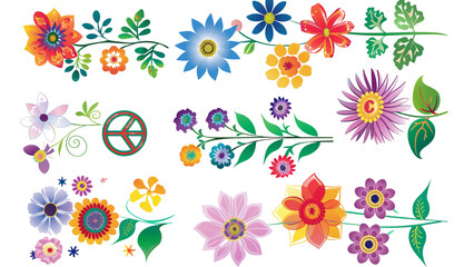 A collection of cartoon-style flowers with peace signs Isolated on a transparent background