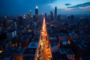 Obraz premium Top view, busy cityscape, busy streets, dusk