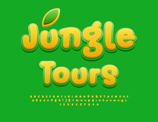 Fototapeta premium Vector touristic flyer Jungle Tours. Funny Handwritten Font. Bright Alphabet Letters and Numbers set.