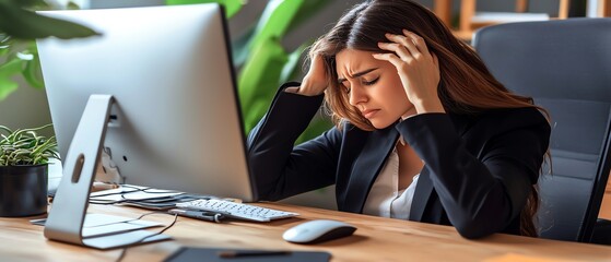 A stressed woman struggles with her workload at a desk, seated in front of a computer, surrounded by greenery in a modern office environment.