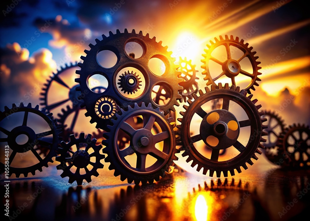 Poster mechanical symphony: intricate gears and cogs in motion in a harmonious industrial design