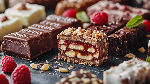A close-up of assorted chocolates and candies, showcasing textures and vibrant colors.