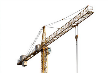 Minimalist shot of a construction crane lifting a single steel beam, isolated on a white background.