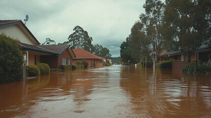 Obraz premium Muddy floodwaters engulfing suburban streets a tale of nature's power and community resilience