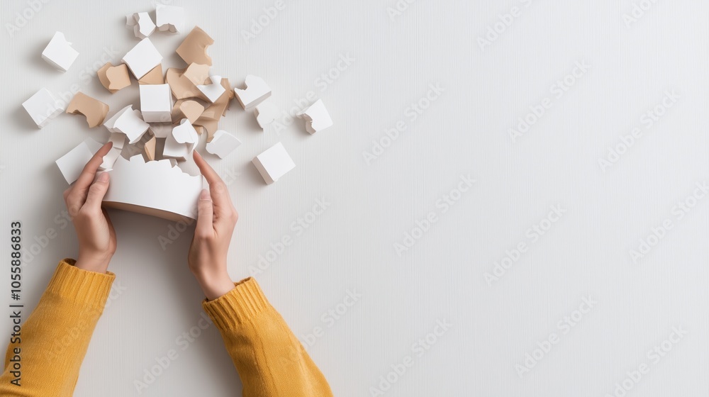 Poster a person in a yellow sweater holds a container filled with scattered wooden blocks on a light backgr