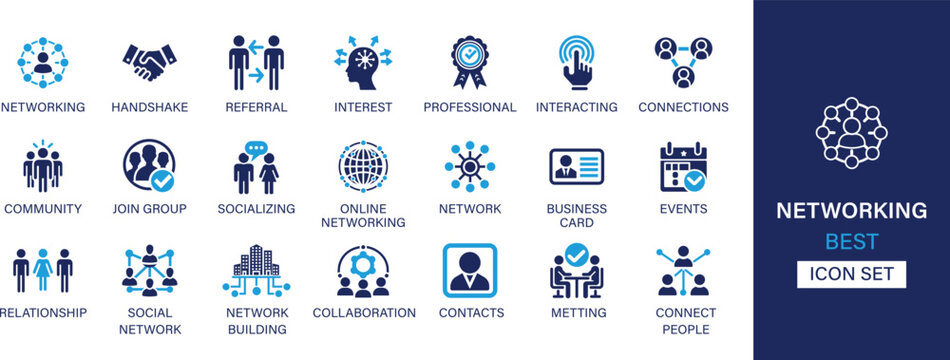 Networking best solid icon set collection. Referral, interest, professional, interacting, connections, community, join group, online networking, relationship, social network and vector illustration.