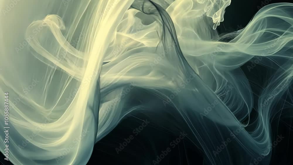 Poster abstract swirls of light green and white smoke create a delicate, ethereal pattern against a black b