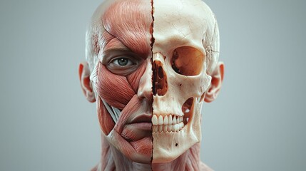 A 3D rendering of a human skull and face muscles, split down the middle, showing the intricate details of the human anatomy. illustrative image