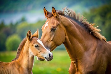Obraz premium Mother horse nuzzling her foal in a heartwarming scene