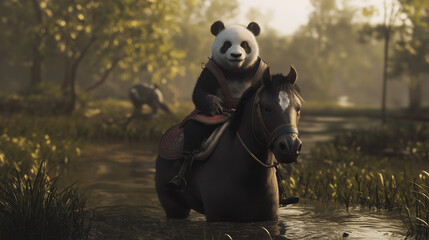 Obraz premium A cute panda riding a horse in a forest area.