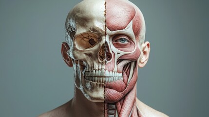 A close-up shot of a man's face, split in half, revealing the skeletal structure on one side and the intricate muscle system on the other. illustrative image