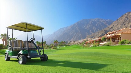 The golf cart rests on a lush, green fairway adorned with colorful flowers, basking in the sunlight on a perfect day for golfing.