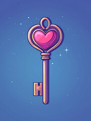 Heart-Shaped Key Icon in Flat Art Style