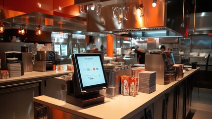 Naklejka premium A photo of an open kitchen, modern restaurant with an AI virtual kiosk and tablet in the center of it. In front, there is a touchscreen for customer check-in.
