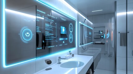 A sleek, modern bathroom featuring interactive smart screens with digital controls and neon blue lighting, creating a high-tech, futuristic ambiance.