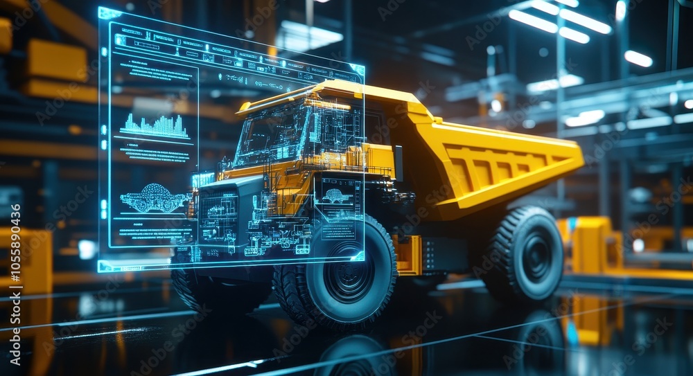 Poster a yellow mining truck is in the foreground, and on its side there's an interactive holographic displ