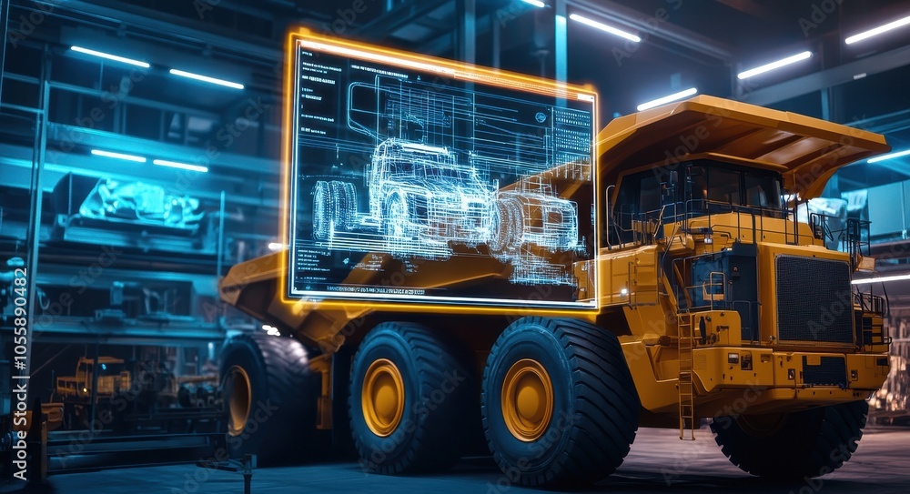 Poster a yellow mining truck is in the foreground, and on its side there's an interactive holographic displ