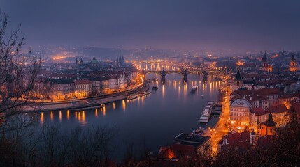 Fototapeta premium A Nighttime View of Prague with the Charles Bridge and Vltava River