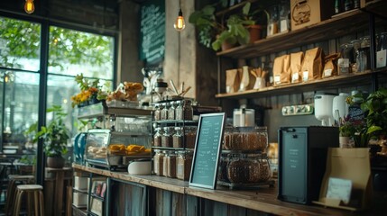 Cozy cafe interior with rustic decor