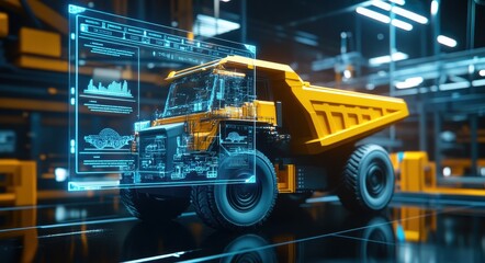 Fototapeta premium A yellow mining truck is in the foreground, and on its side there's an interactive holographic display showing data about various aspects of their fleet