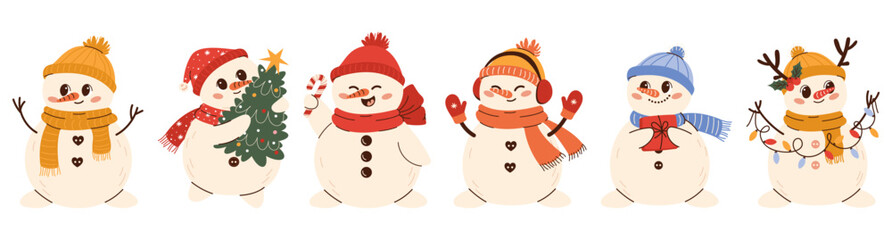 Set of various Cute snowman illustration in children's style on New Year's theme. Snowman in a hat, mittens scarf and headphones.  Flat vector illustration isolated on white background
