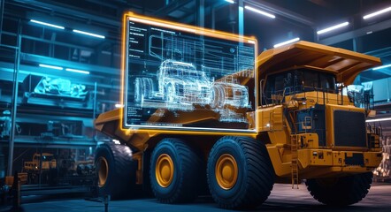 Naklejka premium A yellow mining truck is in the foreground, and on its side there's an interactive holographic display showing data about various aspects of their fleet