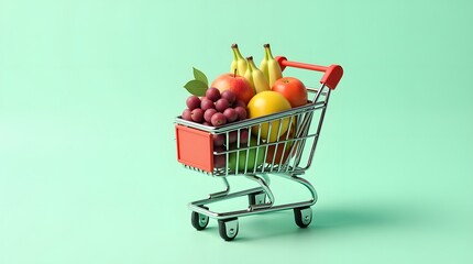 Fresh Fruit Shopping: A vibrant mini cart brimming with apples, bananas, grapes, and more! Healthy eating.
