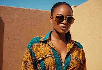 beautiful african model girl in sunglasses against city buildings