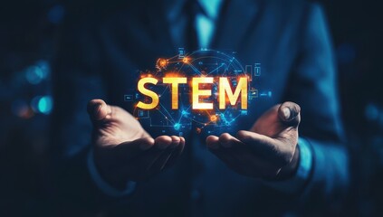 Hands holding illuminated "STEM" letters, symbolizing science, technology, engineering, and mathematics in a futuristic and educational setting.