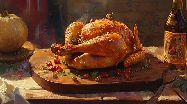 Delicioso pollo asado , con especias sobre tabla de madera y fondo muy c&aacute;lido.