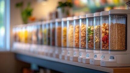 Customers browse dispensers filled with various cereals, nuts, and grains in a zero waste grocery store focused on sustainable and organic food options.