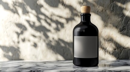 Matte black bottle mockup with blank label, standing on a marble surface with soft lighting
