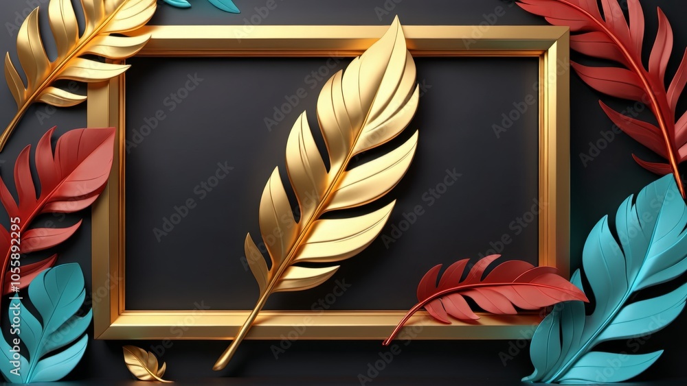 Poster elegant abstract design with gold frame and colorful feathers on dark background