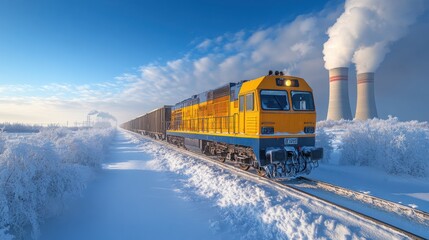 A freight train transports coal through a winter landscape near a coal-fired thermal power plant