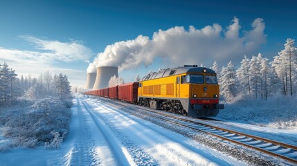 A freight train transports coal through a winter landscape near a coal-fired thermal power plant