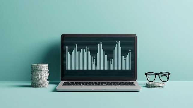 Laptop screen with charts and money symbols, digital finance, investment