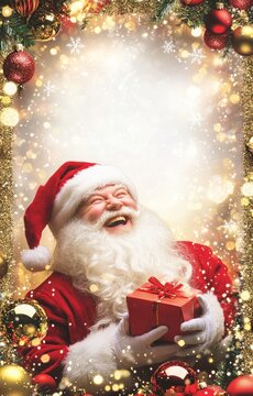 Festive Santa Claus Holding Gift in Christmas Border. Decorated Christmas border with ornaments, stars, and garlands, conveying the joy and warmth of the holiday season.
