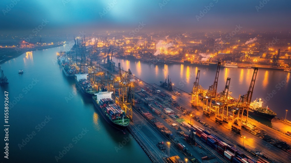 Poster aerial view of a busy container port at twilight