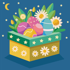 Easter eggs in a green box with daisies on the back. Daisy pattern box with a moon and stars on the background. Vector background.